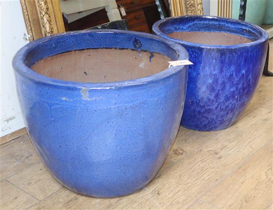 Two ocean blue glazed garden planters Larger 55cm diameter